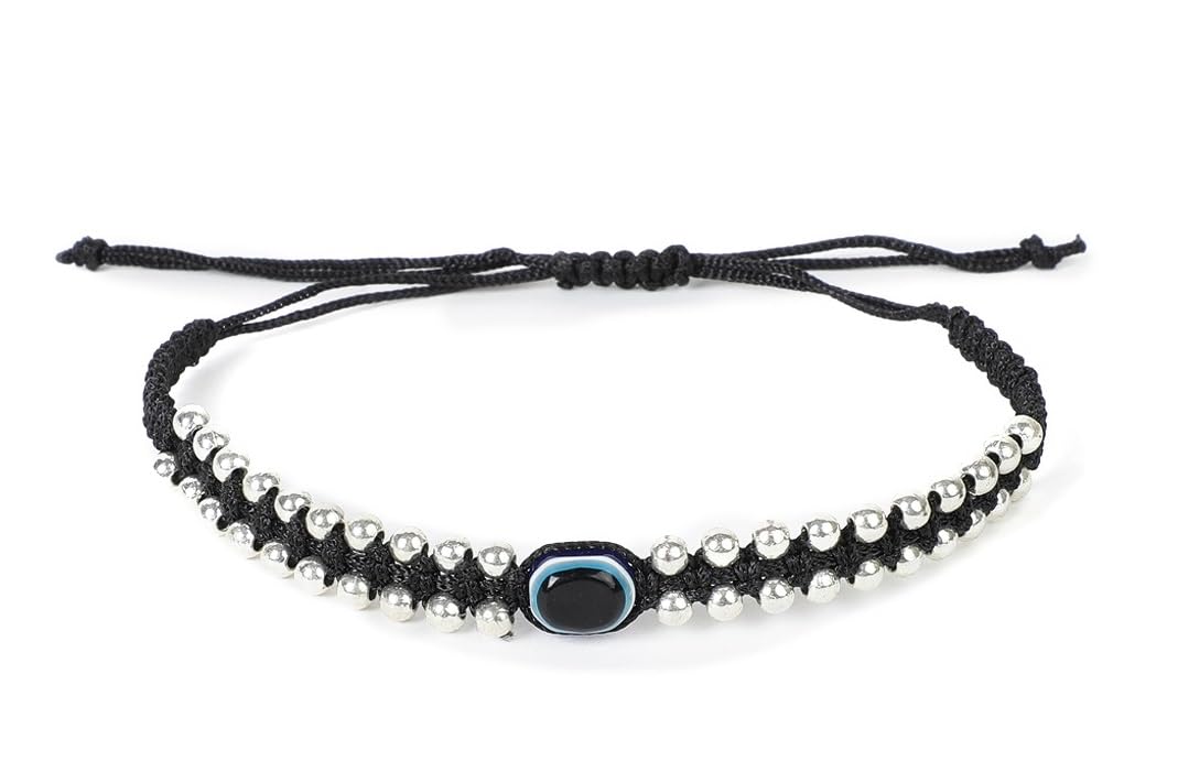El Regalo Hand Woven Evil Eye Unisex Bracelet - Handmade with Golden & Silver Beads (Silver Black)