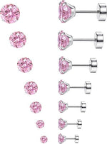 El Regalo Bold & Bright 14 Pcs (7 Pairs) Flat Back Stud Earrings Set for Women & Men - 316L Surgical Stainless Steel Hypoallergenic Earrings for Sensitive Ears - 2-8mm Pink & Blue Cubic Zirconia Screw Back Cartilage Piercing Jewelry (20G) (Pink)