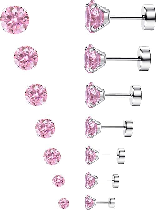 El Regalo Bold & Bright 14 Pcs (7 Pairs) Flat Back Stud Earrings Set for Women & Men - 316L Surgical Stainless Steel Hypoallergenic Earrings for Sensitive Ears - 2-8mm Pink & Blue Cubic Zirconia Screw Back Cartilage Piercing Jewelry (20G) (Pink)
