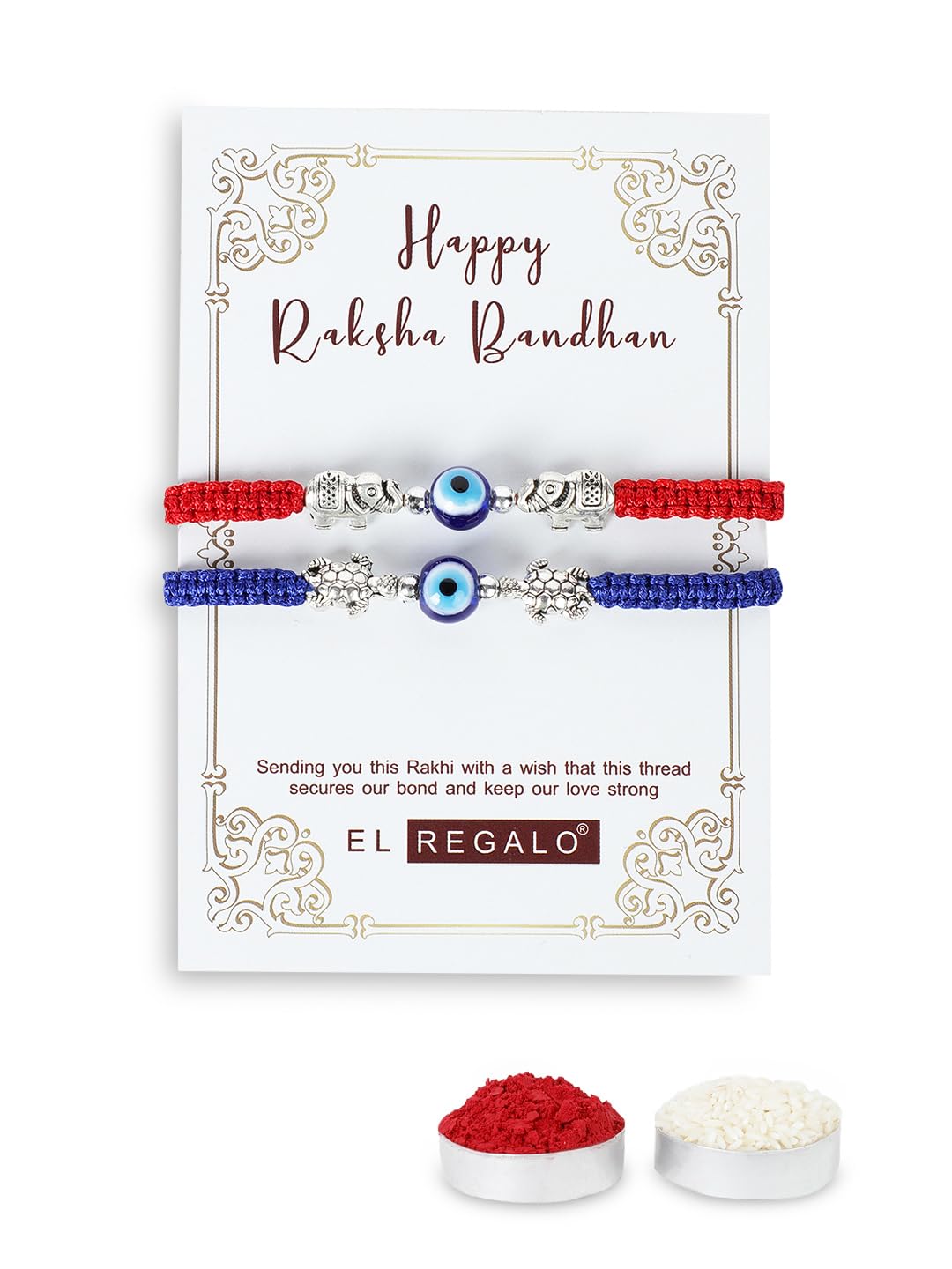 El Regalo 2PCs Cute Evil Eye Bracelet Rakhi Combo for Brothers/Bhai-Bhabhi- Fancy Evil Eye Rakhi with Roli Chawal in Rakshabandhan Gift Box (Elephant & Turtle Evil Eye)