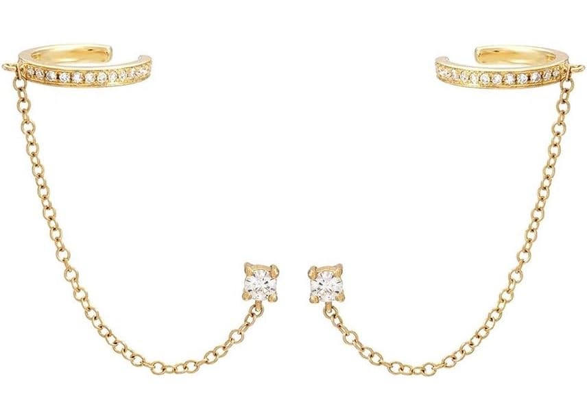 El Regalo Classy CZ Stud Chain Climber Crawler Cuff Earrings for Women, Fancy Minimalist Dainty Ear Cuffs with Link Chain, Non-Pierced Cartilage Helix Wrap Jewelry Gift (Gold)