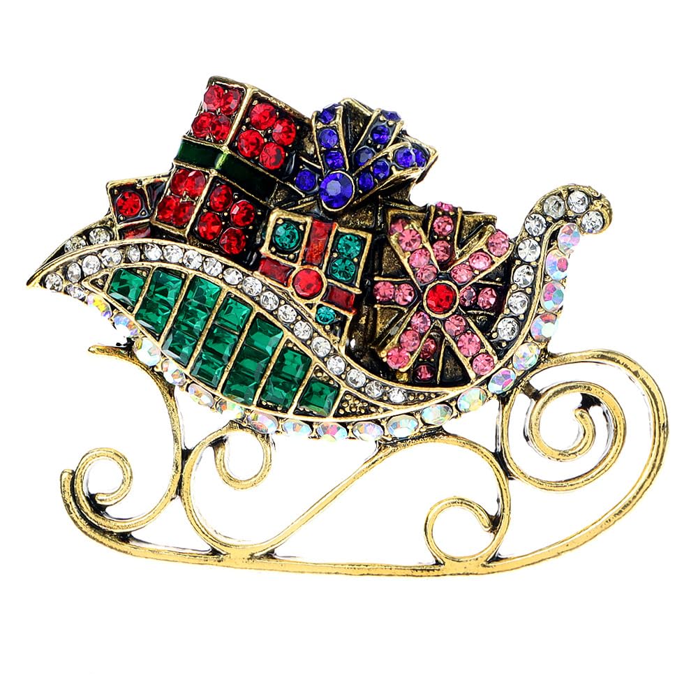 El Regalo Christmas Sleigh Ride Brooch Pin for Women Girls Men Multi-Colored Rhinestone Sled Presents Pins Clip Lapel Sweater Scarves Jackets Dress Brooches Pins Dainty Clothes Accessories Jewelry Gifts Xmas, Metal, cubic zirconia