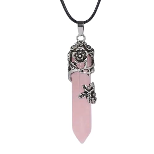 El Regalo 1PC Flower Wrapped Hexagonal Healing Natural Stones Point Pendant Unisex Necklace- Natural Stones Reiki Healing Crystals Necklace in Antique Silver Finish (Pink-Rose Quartz-Cord)
