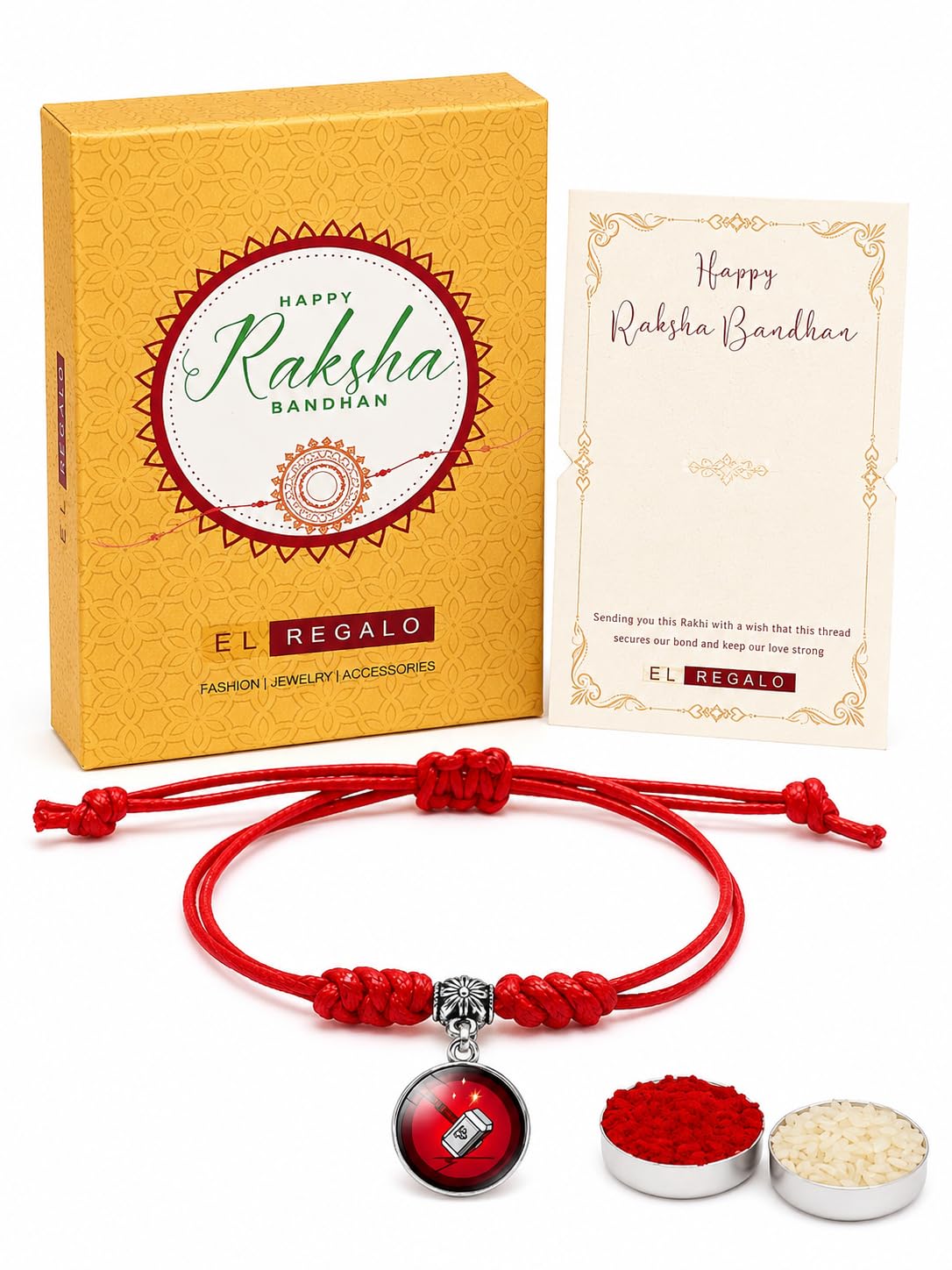 El Regalo 1PC Superhero Kids Rakhi- Fun Kids Bracelet Rakhi with Roli Chawal, Rakhi Message Card in Rakhi Gift Box for Little Bro/Sister/Niece or Nephew (Thor Red Rakhi)