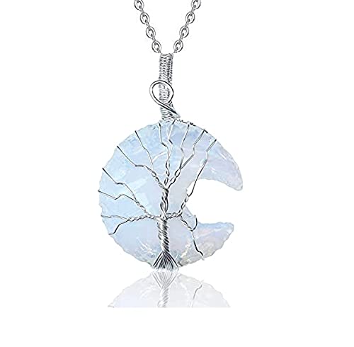 El Regalo Tree of Life Wire Wrapped Crescent Moon Natural Stones Healing Crystal Chakra Pendant Necklace - Unique Handcrafted Gemstones Pendant Necklaces (Opalite) For Unisex Adult
