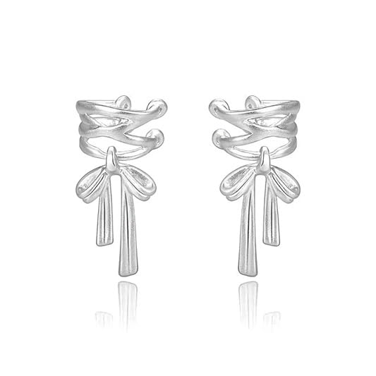 El Regalo Fashionable & Elegant Silver Matt Finish Ear Cuffs for Non Piercing Earrings- Ballet Hollow Cross Ribbon Ear Clips for Girls, Trendy Versatile Clip On Cuff Earrings for Girls & Women