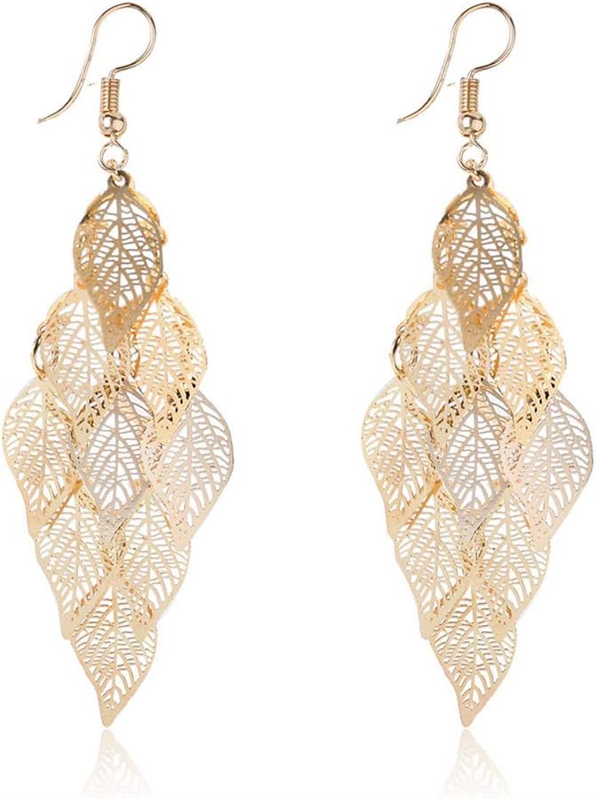 El Regalo 1 Pair Pretty Leaves Bunch Chandelier Earrings for Girls & Women- Boho Lightweight Hollow Filigree Leaves Drop Earrings (Golden)