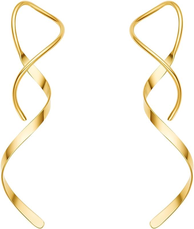 El Regalo Western Spiral Twisted Threader Earrings for Girls & Women- Stainless Steel/Anti-Tarnish Drop Dangle Handmade Twisted Linear Curved Minimal Everyday Earrings (Gold)