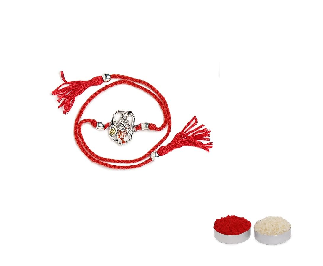 El Regalo 1PC Red Thread Rakhi for Brother- Auspicious OM & Krishna Red Moli Thread Rakhi for Bhai/Bhatija with Roli Chawal, Message Card in Rakhi Gift Box (Krishna Red Thread Rakhi)