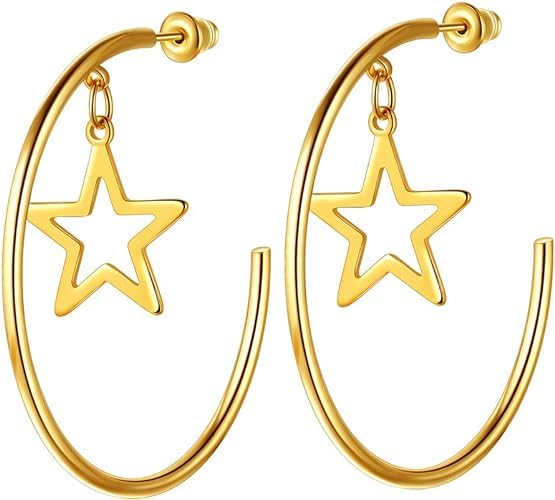 El Regalo Western Stainless Steel Drop Star Hoop Earrings for Women/Girls- Fashion Statement Star Big Circle Open Hoop Party Earrings