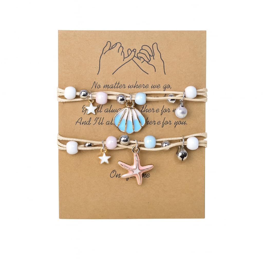 El Regalo 2PCs Shell Pearl & Star Fish Charms Bracelets Set for Girls & Women- Bright & Colorful Unique Handmade Beach Theme Bracelets Set (Blue)