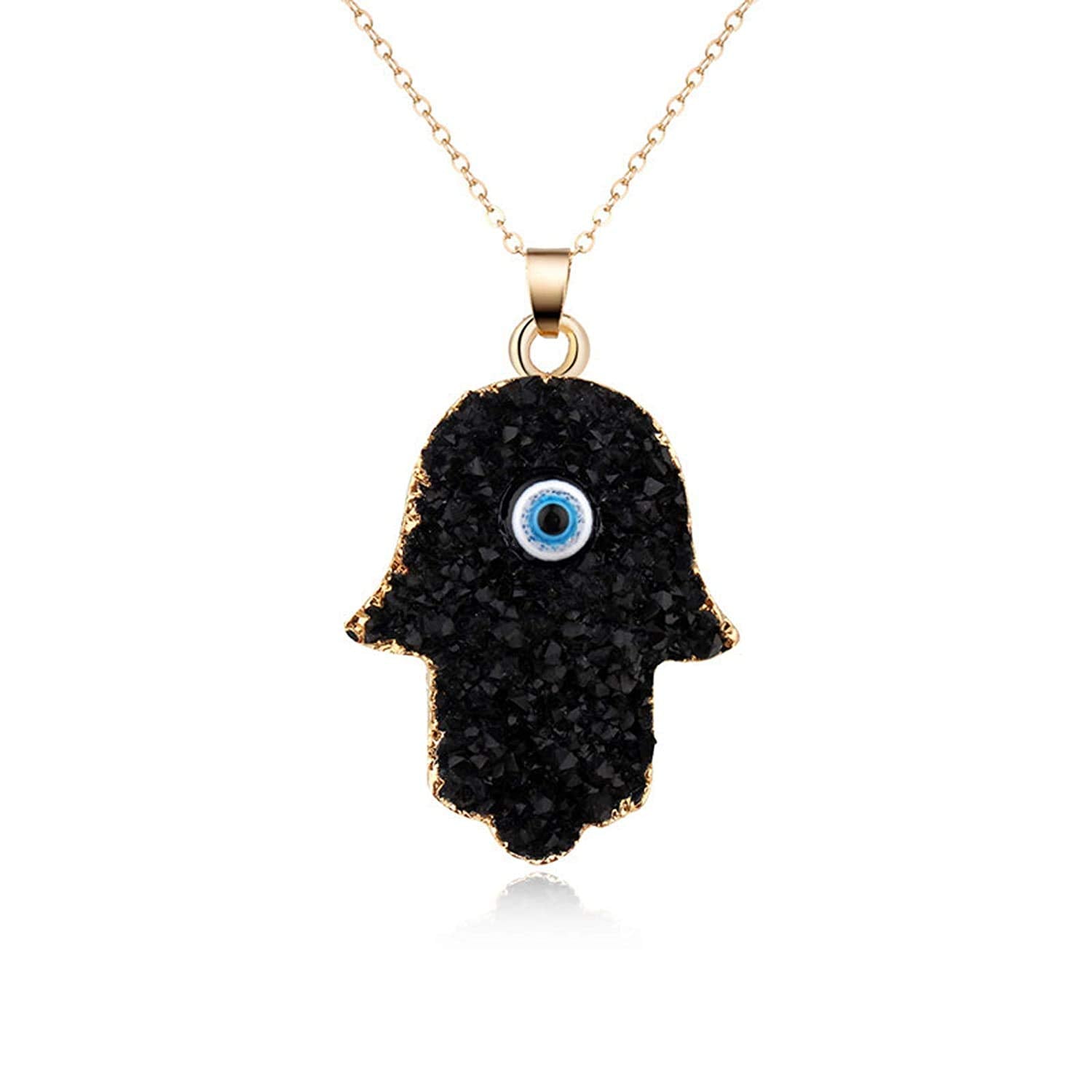 El Regalo u Evil Eye Resin Druzy Hamsa Hand Pendant Necklace for Girls & Women | Evil Eye Modern Pendant Necklace (Black)