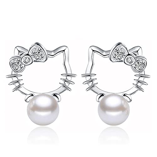 El Regalo Cute Tiny Kitty Pearl Stud Earrings for Kids/Girls/Women