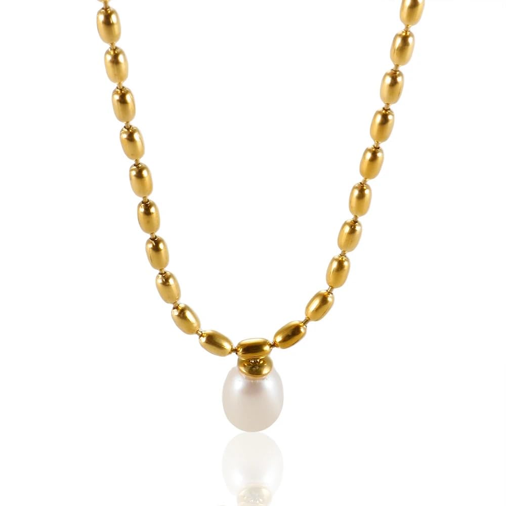 El Regalo Elegant Warterproof 18K Gold Plated Pearl Dainty Ball Bead Chain Necklace - Stainless Steel Anti-Tarnish Jewelry for Women, Girls (Ball Beads Drop Pearl Chain)