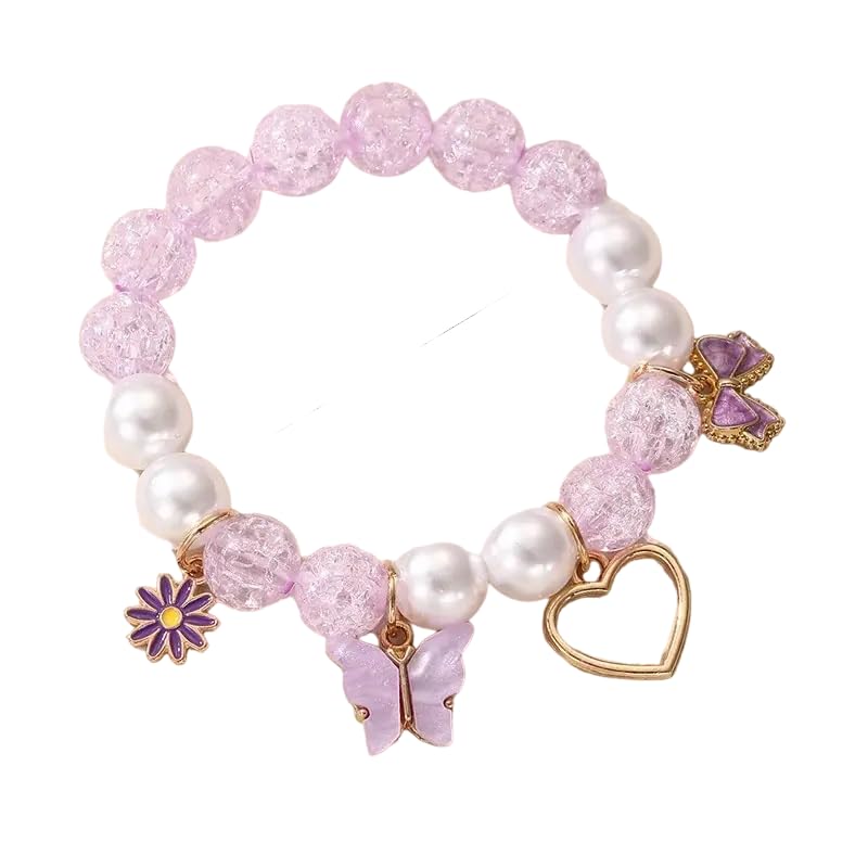 El Regalo 1PC Butterfly, Love Heart, Bow, Flower Charms Crystals Beads Bracelet for Girls - Fashion Bracelets for Girls/Women (Purple)