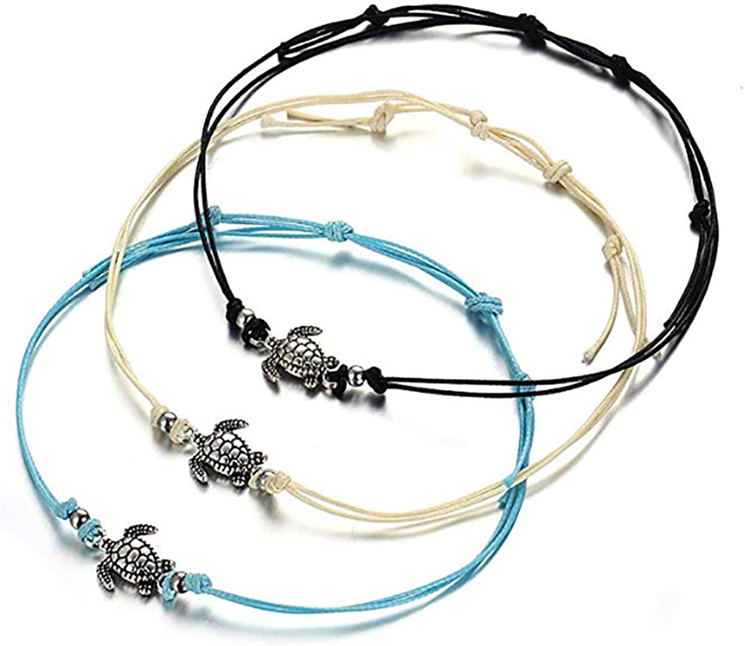 El Regalo 3 PCs Bohemian Vintage Wax Rope Turtle Anklet Bracelet Ancient Silver Tricolor Turtle Beach Anklet for Girls- 3Pcs Set Turtles Charm Anklets Bracelets