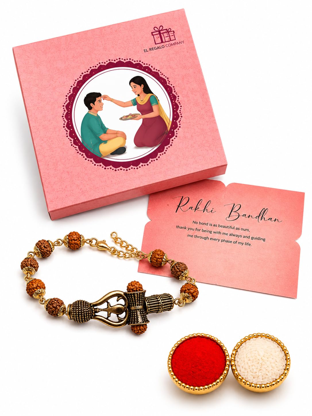 El Regalo Rudraksha Rakhi for Brother- Rudraksha Beads Rakhi Gift Box with shagun & Rakhi Message Card for Bhai/Nephew (Trident)