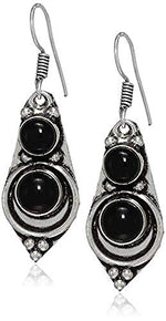 El Regalo Vintage Antique Silver Finish Gemstones Hook Earrings for Girls & Women | Light Weight Semi Precious Stones Earrings (Black Onyx)