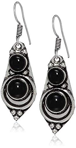 El Regalo Vintage Antique Silver Finish Gemstones Hook Earrings for Girls & Women | Light Weight Semi Precious Stones Earrings (Black Onyx)