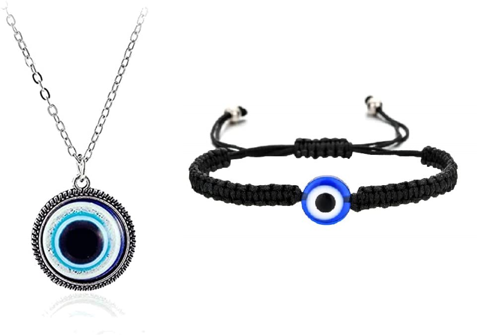 El Regalo 2 PCs Evil Eye Couple Jewelry Set- Evil Eye Big Leather Rope Necklace & Bracelet Set Best Friends/Besties/Couple- Women Men- Valentine's Day Gift (Evil Eye Jewelry Set- 2)