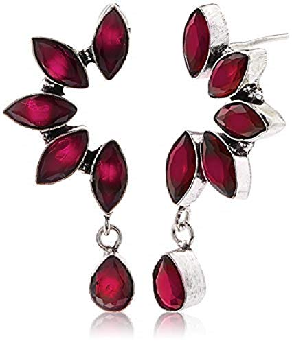 El Regalo Women's Vintage Oxidized Earrings with Stones | Silver Plated Vintage Flower Oxidized Earrings for Girls & Women (Red)