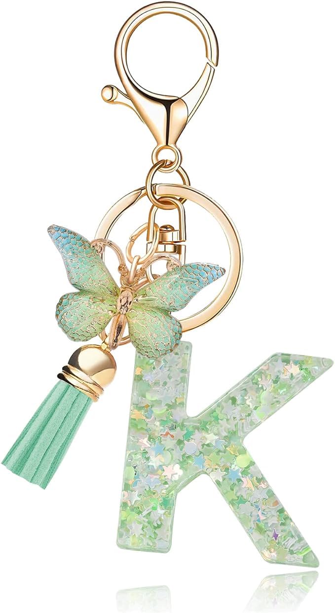 El Regalo Personalized Name Initials Butterfly Charm Keychain - Name Letters Keyring with Green Butterfly & Stars Filled Resin & Tassel Pendant, Purse, Bag, Backpack Accessory (Letter K)