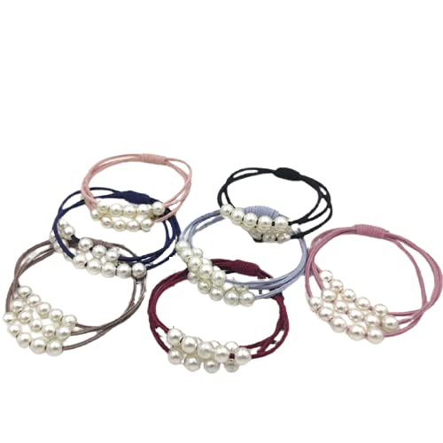 El Regalo Set of 5 Knotted Elastic Pearls Hair Ties Rubber Band Ponytail Holder for Girls/Kids/Women (5 Pearls Multi Layers Rubber bands)