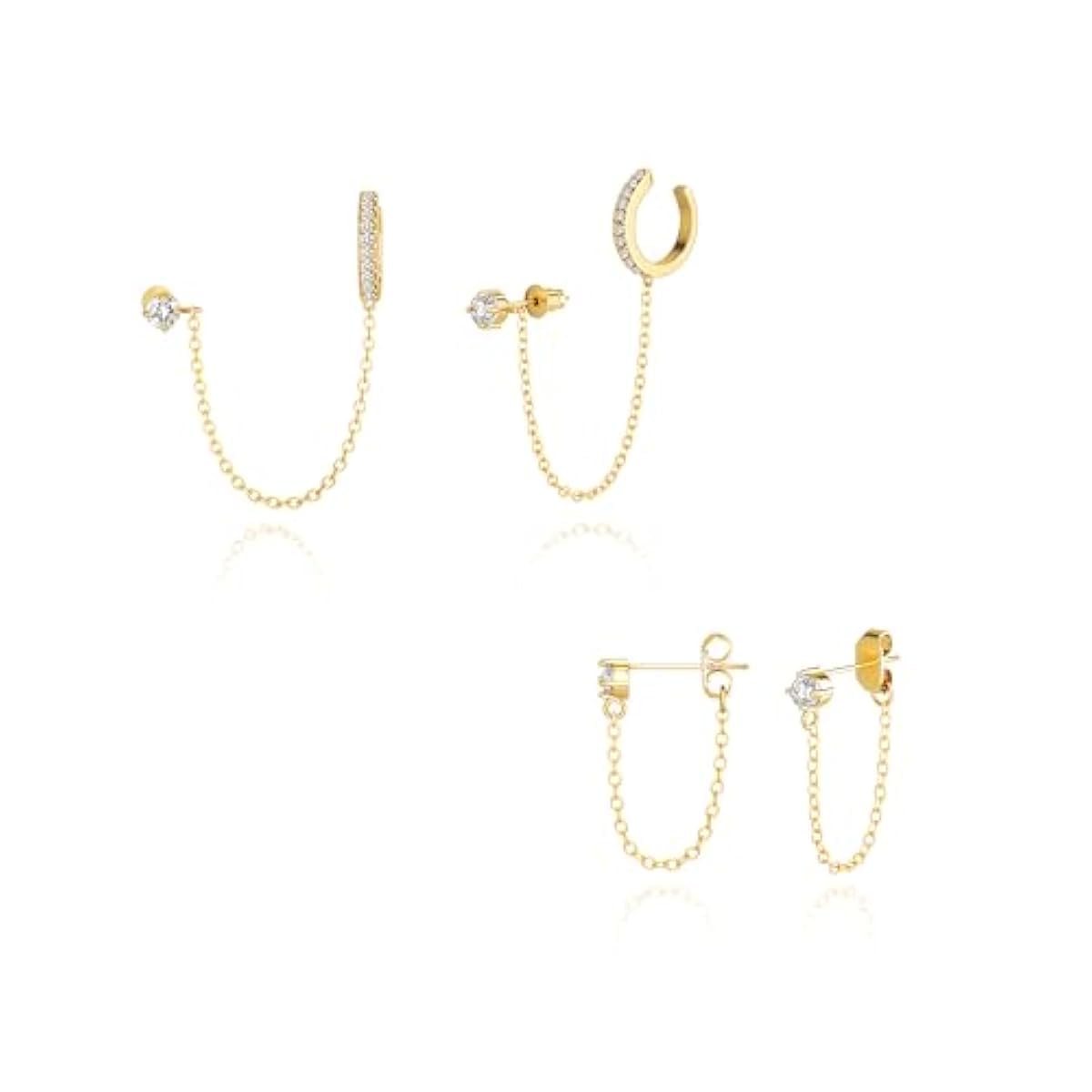 El Regalo Gold Toned Cubic Zirconia Ear Cuff and Stud Earrings Set for Women & Girls | Elegant Cartilage Wrap with Chain Link & CZ Crystal Studs | Non-Pierced Ear Cuff Jewelry Combo | Gift for Her
