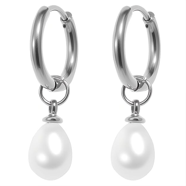 El Regalo Stainless Steel Pearl Drop Hoop Earrings for Women | Small Huggie Hoop Earrings with Pearl Pendant | Waterproof Anti Tarnish Modern Earrings for Girls | Minimalist Cute Jewelry (Silver)