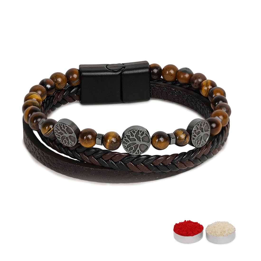 El Regalo 1 PC Designer Tiger Eye Stones with Antique Tree of Life Charms Bracelet Rakhi for Brother/Bhai- Rakhi with Roli-Chawal Shagun, Message Card in Rakhi Gift Box