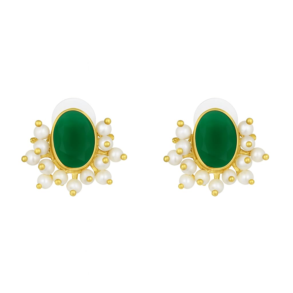 El Regalo Traditional Pearl Cluster Stud Earrings for Women & Girls | Gold-Plated Red & Green Oval Stone Earrings with Pearls | Festive, Wedding & Ethnic Jewelry (Green)