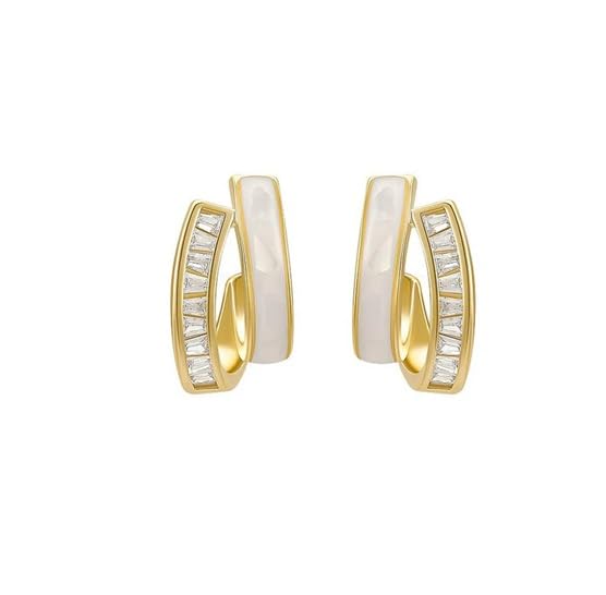 El Regalo Double Row C-Hoop Earrings for Women & Girls | Hypoallergenic Geometric Studs | Cubic Zirconia & Enamel/Shell Inlay | Elegant Daily, Office & Party Earrings Jewellery (White)