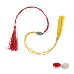 El Regalo 1 PC Designer Tassel Moli Rakhi, Hamsa Hand Moli Rakhi for Bhaiya - Rakshabandhan Red & Yellow Thread Rakhi with Message Card & Roli Chawal Shagun in Rakhi Box