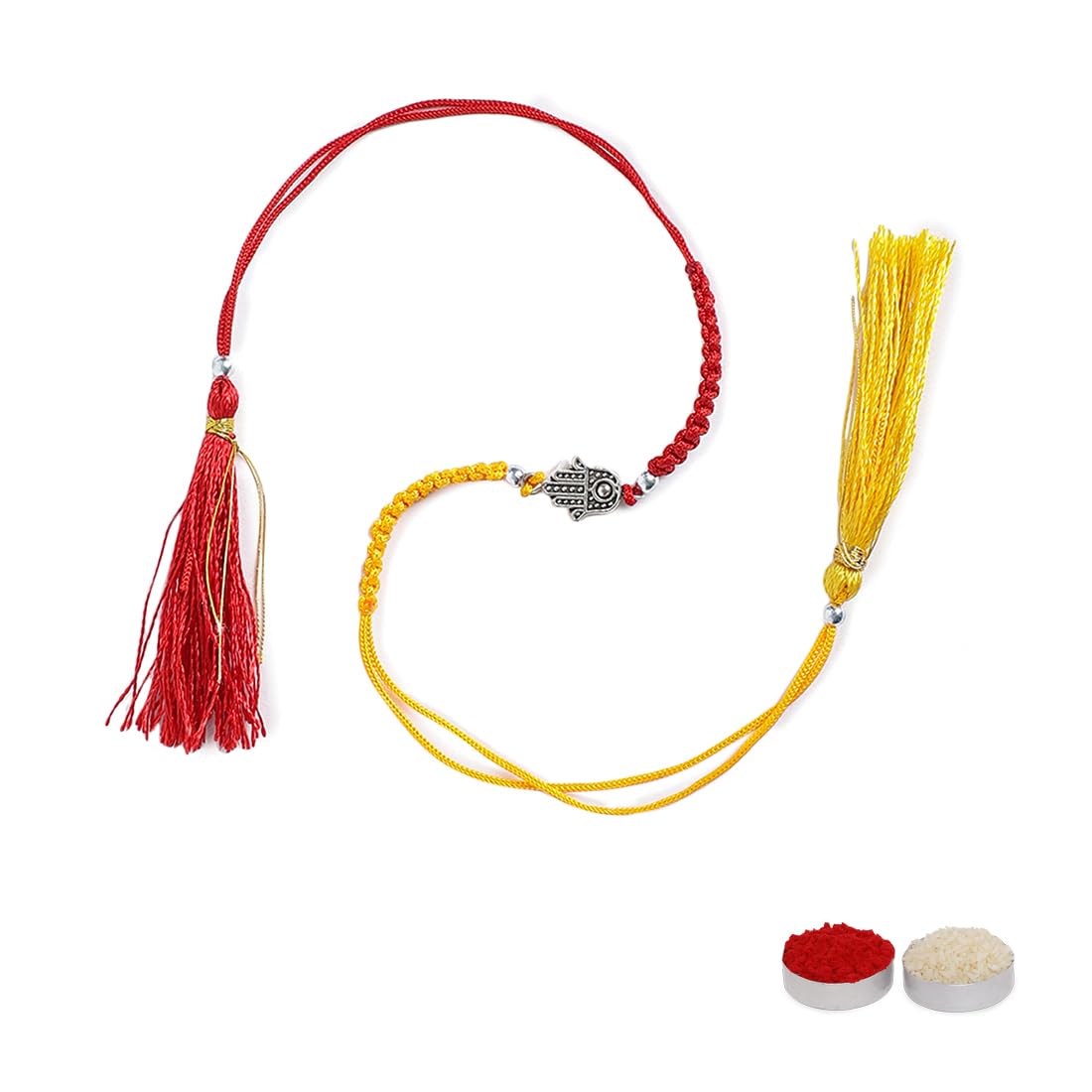 El Regalo 1 PC Designer Tassel Moli Rakhi, Hamsa Hand Moli Rakhi for Bhaiya - Rakshabandhan Red & Yellow Thread Rakhi with Message Card & Roli Chawal Shagun in Rakhi Box