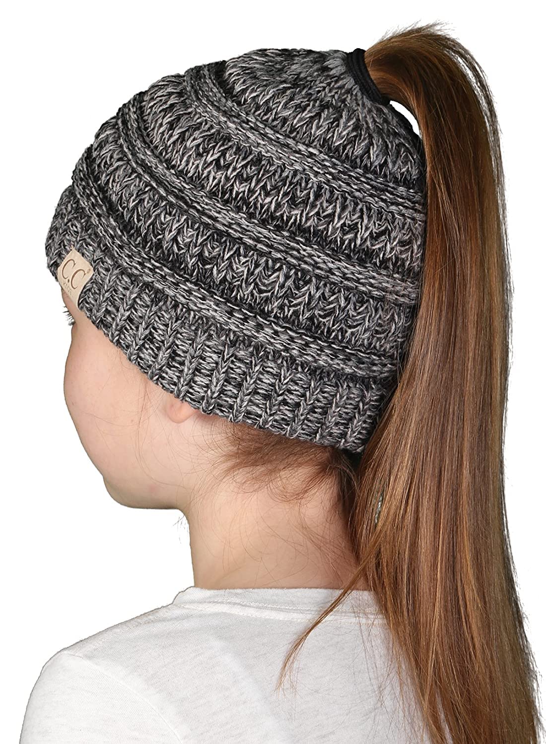 El Regalo Kids' Winter Ponytail Beanie - Messy Bun Ribbed Hat Cap for Girls (2 to 13 Years) - Multi Color Skull Cap With Tail (3 Tone Grey Shades)