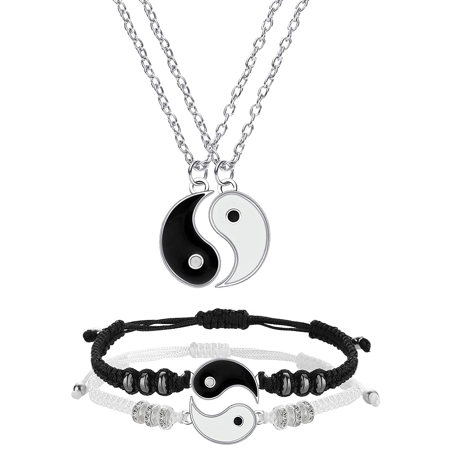 El Regalo Unisex 4 Pcs Yin Yang Necklace & Bracelet Set, 2 Pieces Matching Yin Yang Adjustable Cord Bracelet, Couple Pendant Necklace Chain For Friendship Boyfriend Girlfriend- Valentines Day Gift