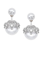 El Regalo Beautiful Double Sided Pearl Earrings for Women - Elegant Crown Rhinestone Front Back Studs | Korean Style Moti Earrings (Silver White)