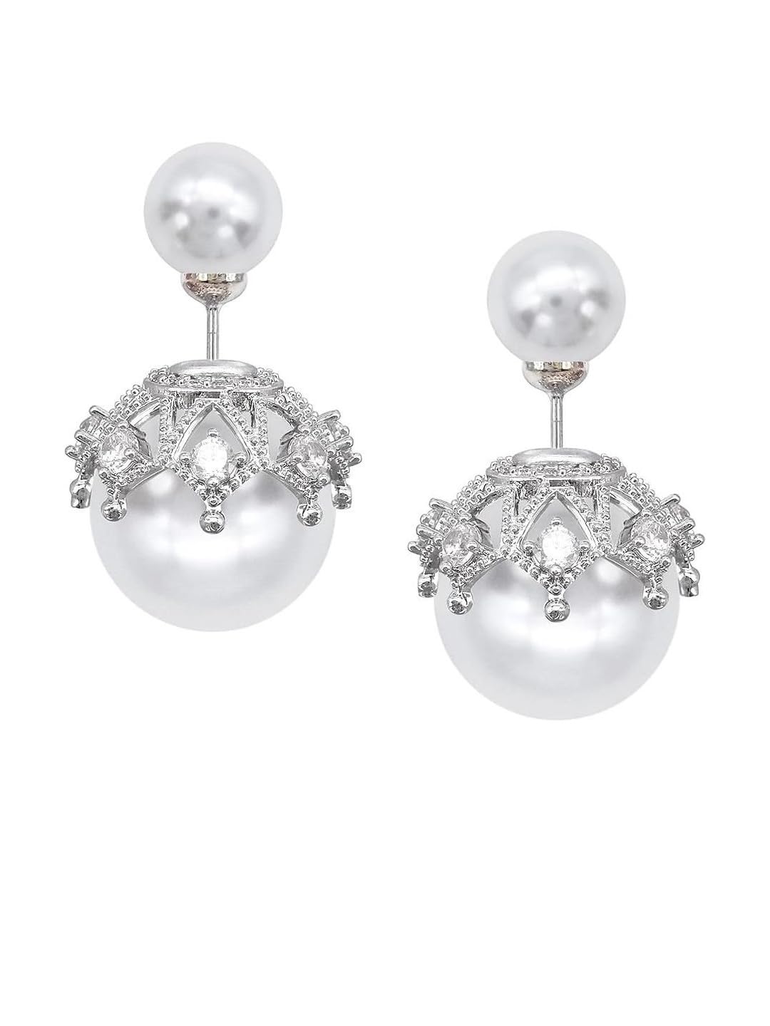 El Regalo Beautiful Double Sided Pearl Earrings for Women - Elegant Crown Rhinestone Front Back Studs | Korean Style Moti Earrings (Silver White)