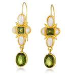 El Regalo Vintage Green Drop Earrings with Imitation Pearl Accents for Women - Antique Boho Gold Dangle Earrings with Beveled Green Crystal & Pearly White Wild Pearls | Elegant Party & Festive Jewelry