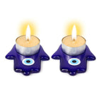 El Regalo 2PCs Evil Eye Tea Light Candle Holders for Diwali Decoration - Premium Glass Diya Set for Home, Festive Decor, Vastu Protection (Hamsa Hand Evil Eye)