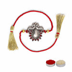 El Regalo 1PC Designer Peacock Red Golden Thread Rakhi for Brother- Antique Peacock Charm Rakhi with Roli Chawal, Rakhi Message Card in Rakhi Gift Box