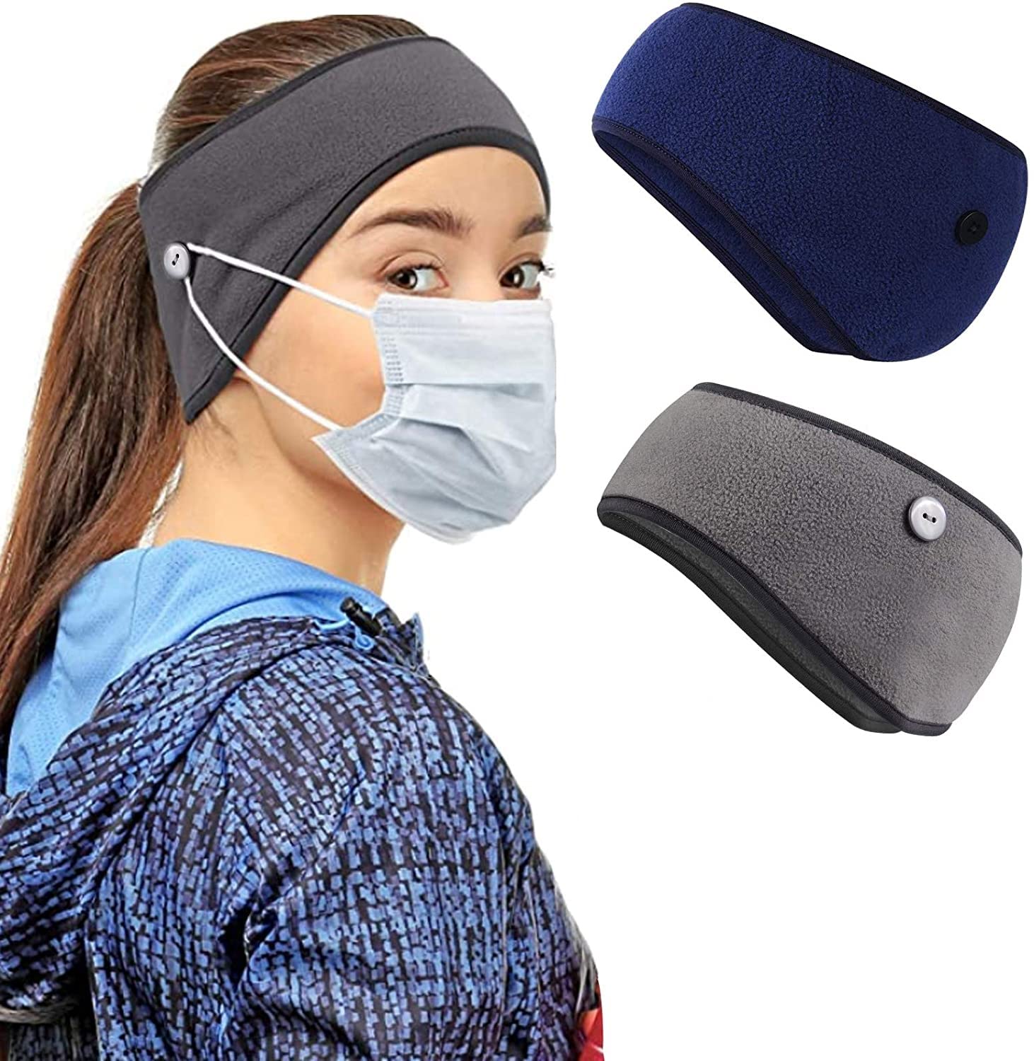 El Regalo 2PCs Winter Ear Warmer Headband with Buttons for Masks- Elastic Headband Winter Headband Full Cover Ear Muff Headband for Yoga Outdoor Sports Activities for Men & Women (Grey & Blue)