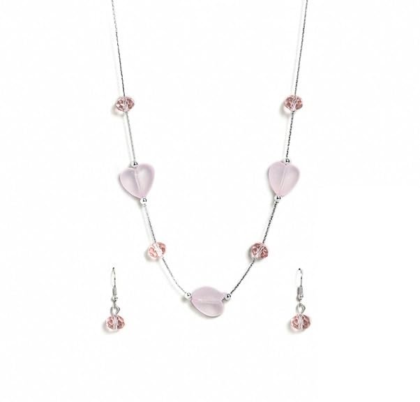 El Regalo 2PCs Crystals Beads Necklace & Earrings Jewelry Set for Kids/Girls & Teens - Shimmering/Matt Crystal Beads Fancy Jewelry Set (Pink Hearts)
