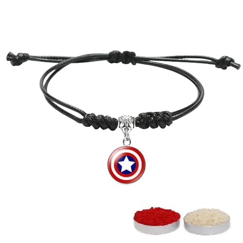 El Regalo 1PC Superhero Kids Rakhi- Fun Kids Bracelet Rakhi with Roli Chawal, Rakhi Message Card in Rakhi Gift Box for Little Bro/Sister/Niece or Nephew (Captain America Black Rakhi)
