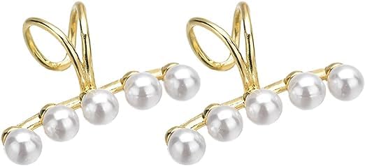 El Regalo 2PCs Tiny Pearl Cuff Cartilage Non-Pierced Clip On Earrings for Girls & Women- Vintage Pearl Clip Earrings (2 Golden)