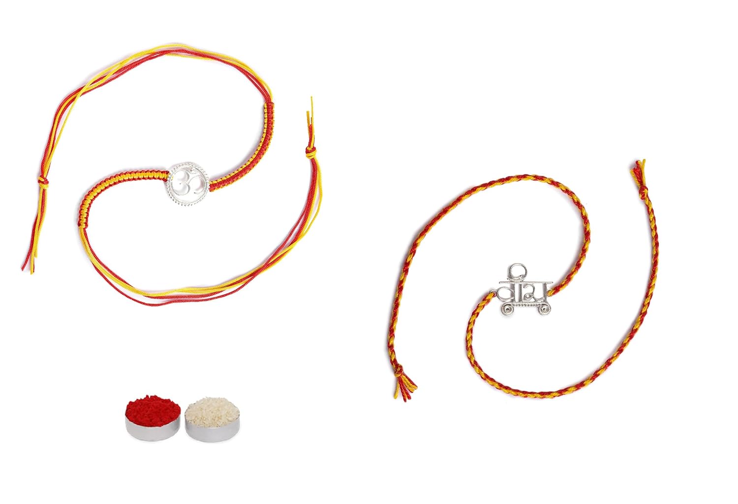El Regalo 2PCs OM/Veera/Bhai Moli Thread Rakhi Set for Brother/Bhai/Bhaiya- Auspicious OM/Aum Mauli Rakhi with Roli Chawal, Rakhi Message Card in Rakhi Gift Box (OM & Veera Rakhi)