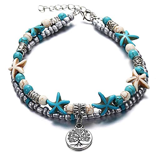 El Regalo Antique Silver Tone Multi Layer Turquoise Beach Beaded Bohemian Fashion Charm Anklets for Women & Girls (Tree Of Life Charm)