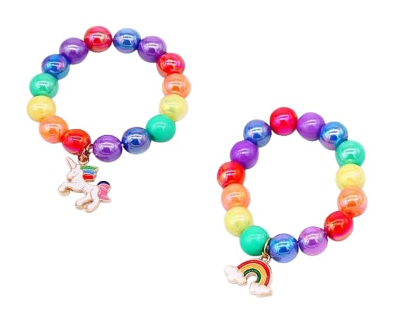El Regalo 2PCs Girls Kids Rainbow Beads Charms Bracelets Set- Heart, Unicorn, Mermaid, Rainbow, Star charms for Baby Toddler Girls Kids (Rainbow & Unicorn)