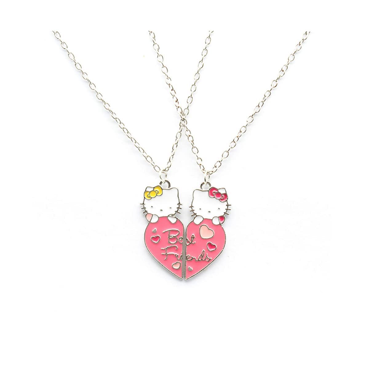 El Regalo 2 PCs BFF Kitty Cat Necklace for Best Friends- BFF 2 Besties Pink Matching Heart Necklace for Kids/Girls