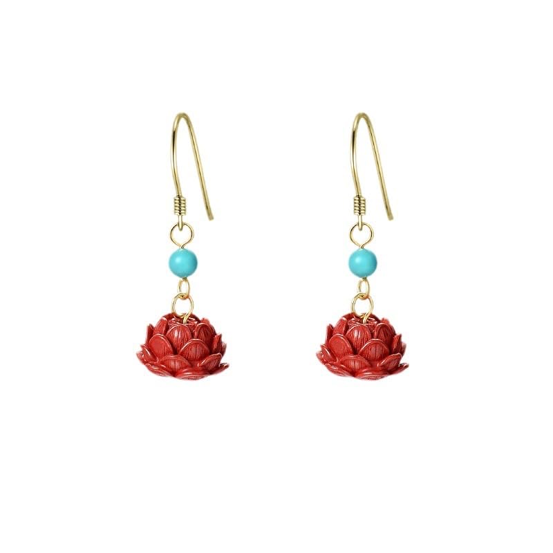 El Regalo Cute Cinnabar Emperor Annie Flower Earrings for Girls & Women - Retro Red Lotus Dangle Earrings with Turquoise Color Bead, Boho Vintage Inspired Handmade Jewelry